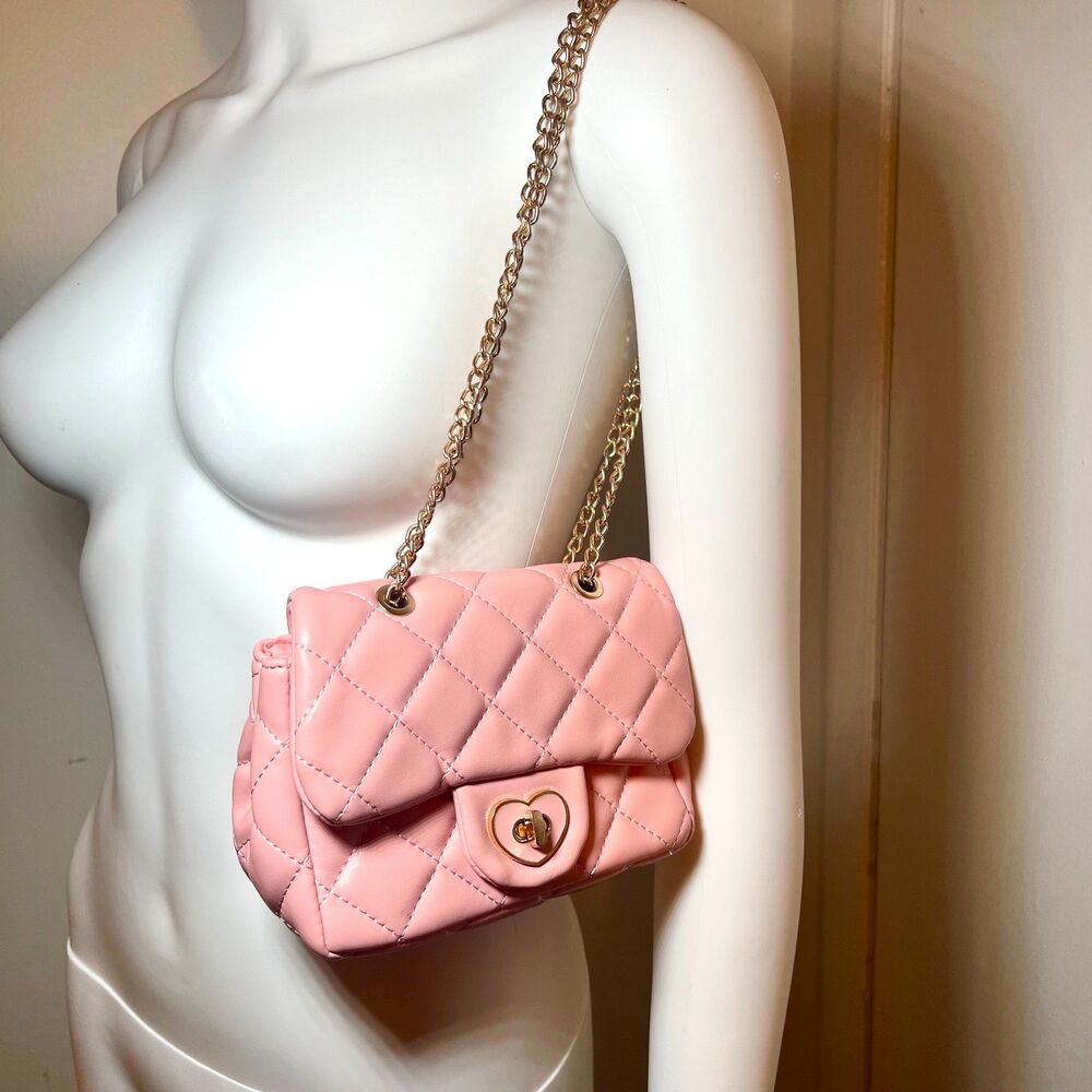 Pink Small Purse Foldover Heart Twist Lock Gold Chain Coquette Y2K Preppy Kawaii
